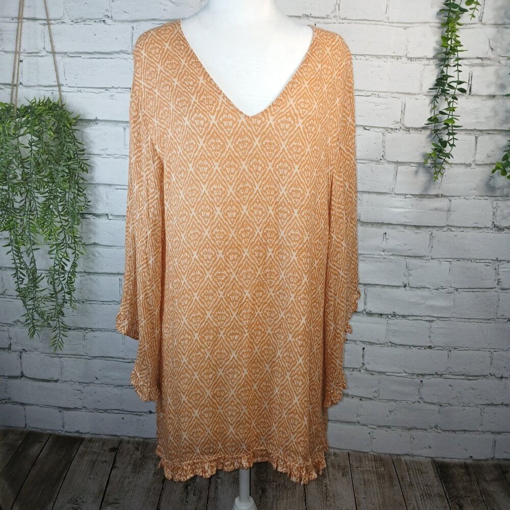 AMUSE SOCIETY TUNIC TOP, WITH RUFFLE TRIM, PUMPKIN AND CREAM COLOR, SIZE SMALL - Picture 1 of 9